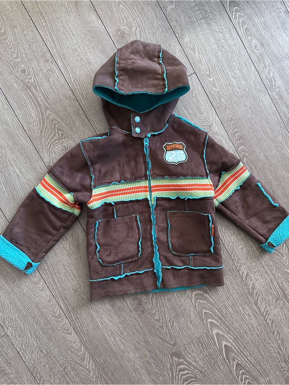 Vintage Y2K Kids Hooded Brown Jacket with Colorful Stripe Retro